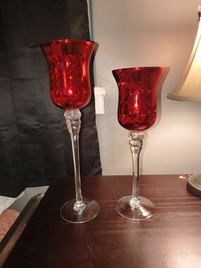 Red Mercury Glass Candle Holders with Tall Clear Stems - Set of 2